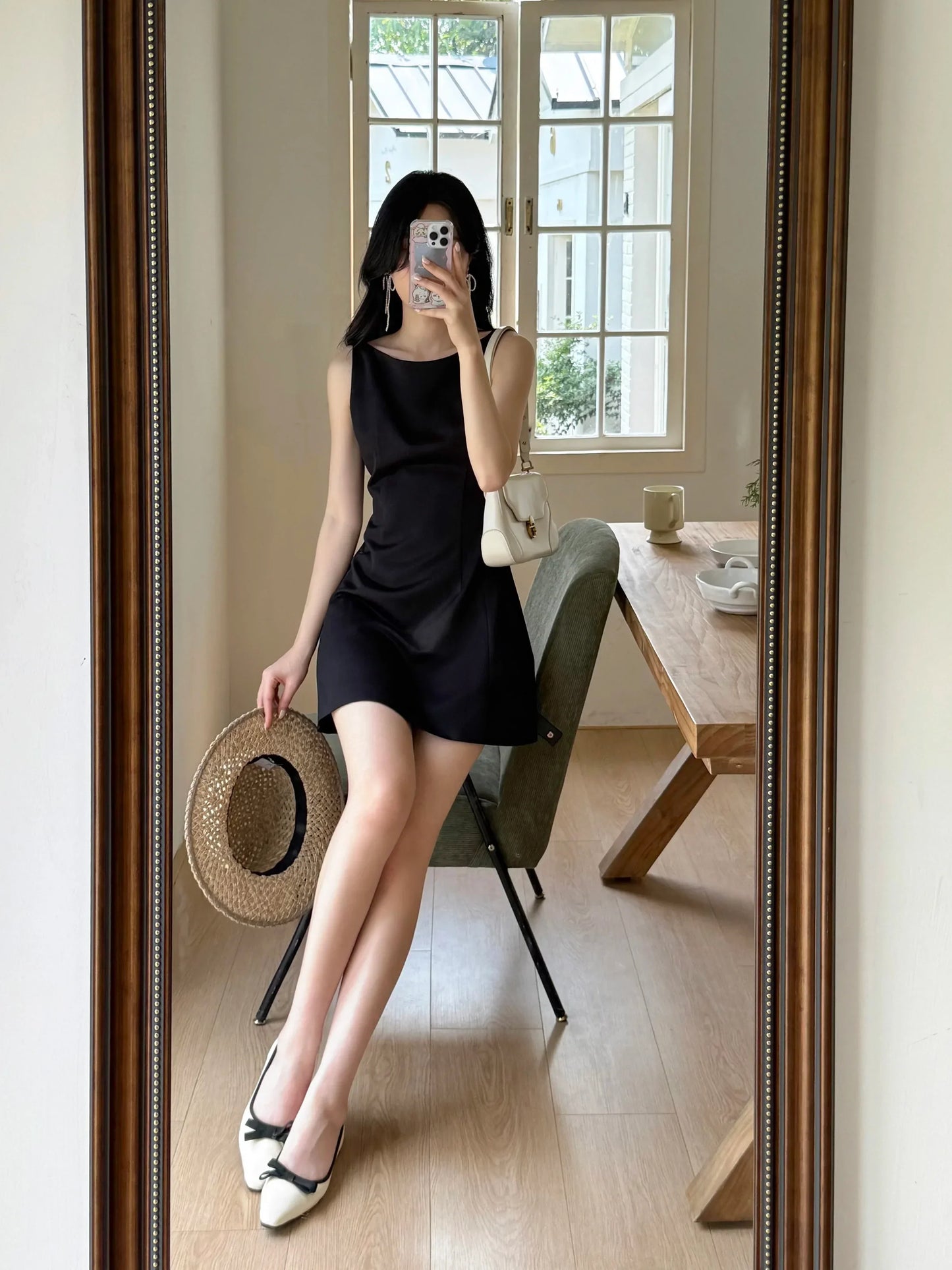 French Black Sleeveless Mini Dress Women Summer Slim Fit A-Line One-Shoulder Strap Dress Petite Elegant Casual Vacation Outfit