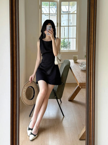French Black Sleeveless Mini Dress Women Summer Slim Fit A-Line One-Shoulder Strap Dress Petite Elegant Casual Vacation Outfit