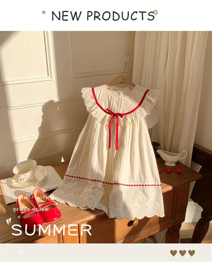 Kid Girl Exquisite Dress Ruffled Lace Collar Trimmed in Red Ribbon Red Dotted Lace Cut Out Embroidery on The Skirt for Children