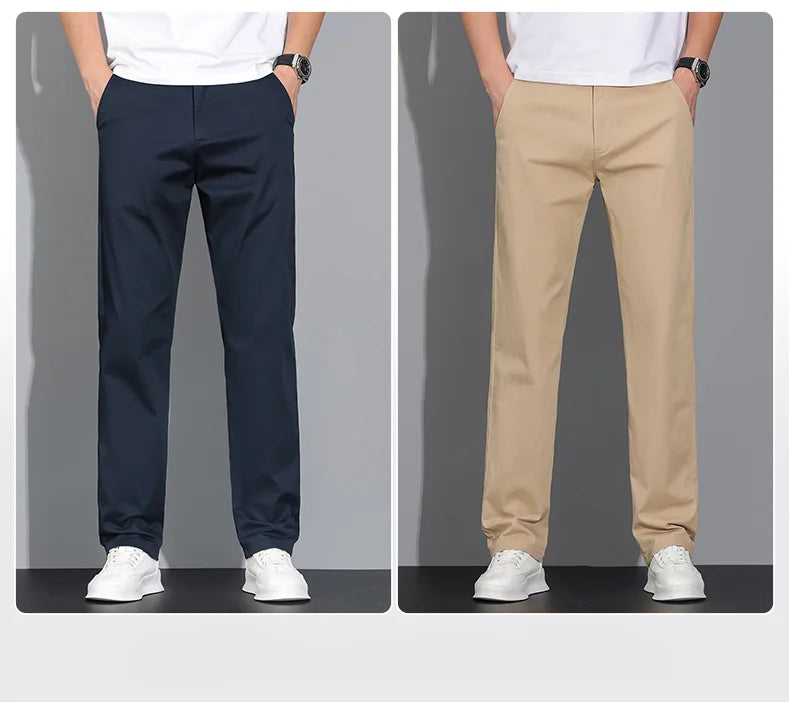 New Men's Business Cotton Thin Straight Pants Casual Elastic Slim Comfortable Male Brand Trousers Black Gray Khaki Royal Blue