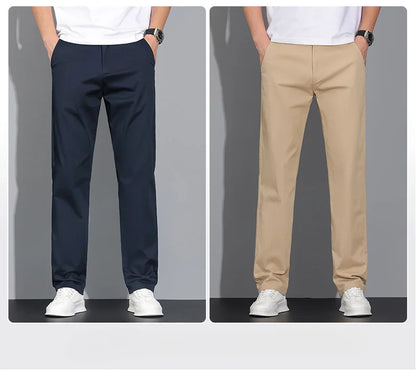 New Men's Business Cotton Thin Straight Pants Casual Elastic Slim Comfortable Male Brand Trousers Black Gray Khaki Royal Blue