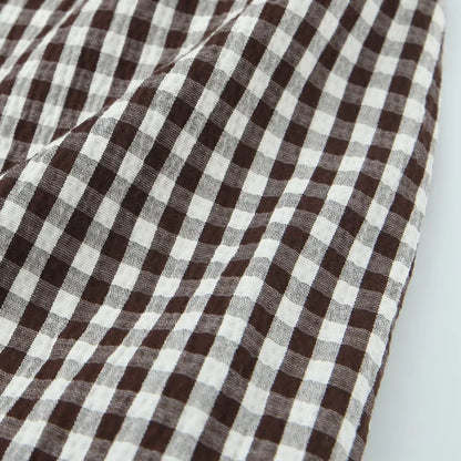 Spring Summer O-Neck Short Puff Sleeve Small Plaid Tops Women Back Button Decoration Tops Female Casual Wear 2026 New
