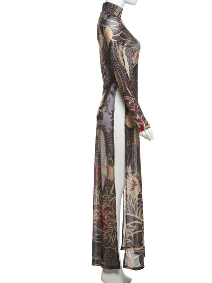 See Through Blouse Women Snake Print Half-High Neck Long Sleeves High Slits High Elasticity Street Skinny Trend Long Tops