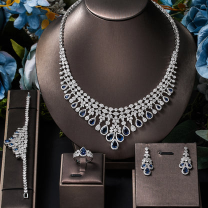 2026 Zircon Super Deluxe Tassel Water Drop Big Wedding Bridal Necklace Earrings 4 Pieces Nigerian Dubai Women's Jewelry Set