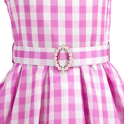 2025 Summer Beach Baby Girl Pink Cute Sleeveless Plaid Slim Strap Dress For Girl Cowboy Look Stripe Dress Set With Belt
