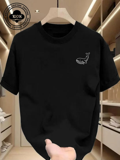 Men's Summer 100 Cotton Fashionable Casual Sports Loose Large Whale Pattern Printed Round Neck Short Sleeve T-shirt Top