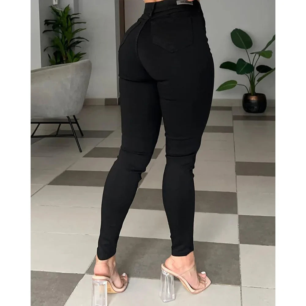 Calça Jeans Feminina Casual Cintura Alta Slim Fit Lápis Bolso Emagrecedor Ajustada Calça Jeans Versátil Deslocamento Rua na Moda