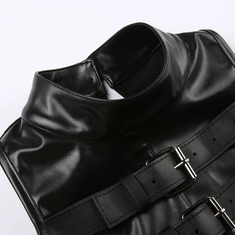 Punk Style Leather PU Patchwork Crop Tops Women Grunge Biker Sleeveless Corset Tank Top Streetwear Dark Academia Vest