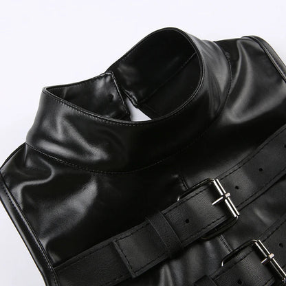 Punk Style Leather PU Patchwork Crop Tops Women Grunge Biker Sleeveless Corset Tank Top Streetwear Dark Academia Vest