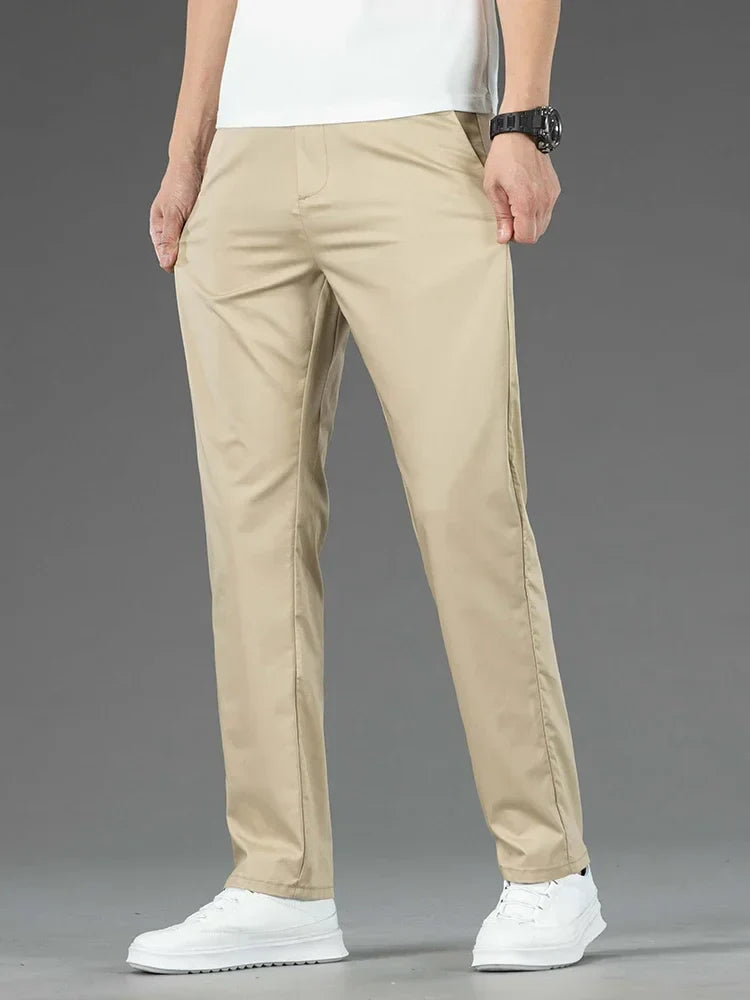 Thin Men Bamboo Summer Pants Casual High Quality Business Classic Fashion Stretch Slim Formal Straight Trousers Black Gray Khaki