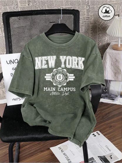 New York City Letter Printed Washed T-Shirts Men Oversize Cotton T Shirt Summer O-Neck Short Sleeve Tops Casual Male Clothes