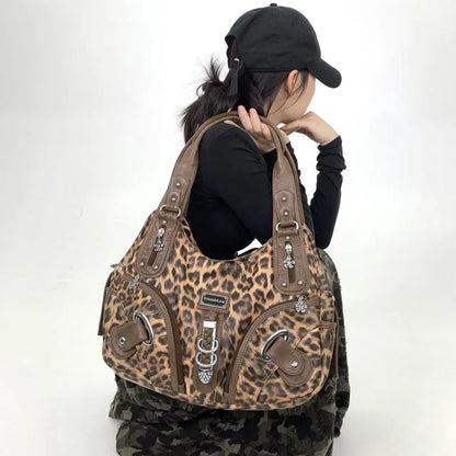 Y2K vintage hot girl personality leopard print shoulder bag with multiple compartments, Maillard crossbody handbag