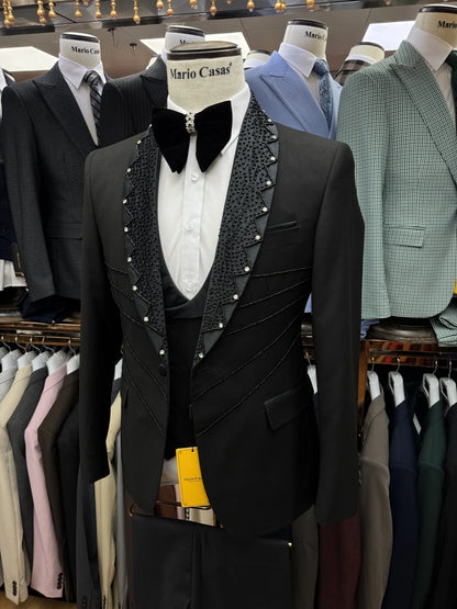 Charming Black Beaded Luxurious Men's Suit Customized Celebrity Popular Groom Wear Decent Jacket Vest Pants Date Set Hot Sale