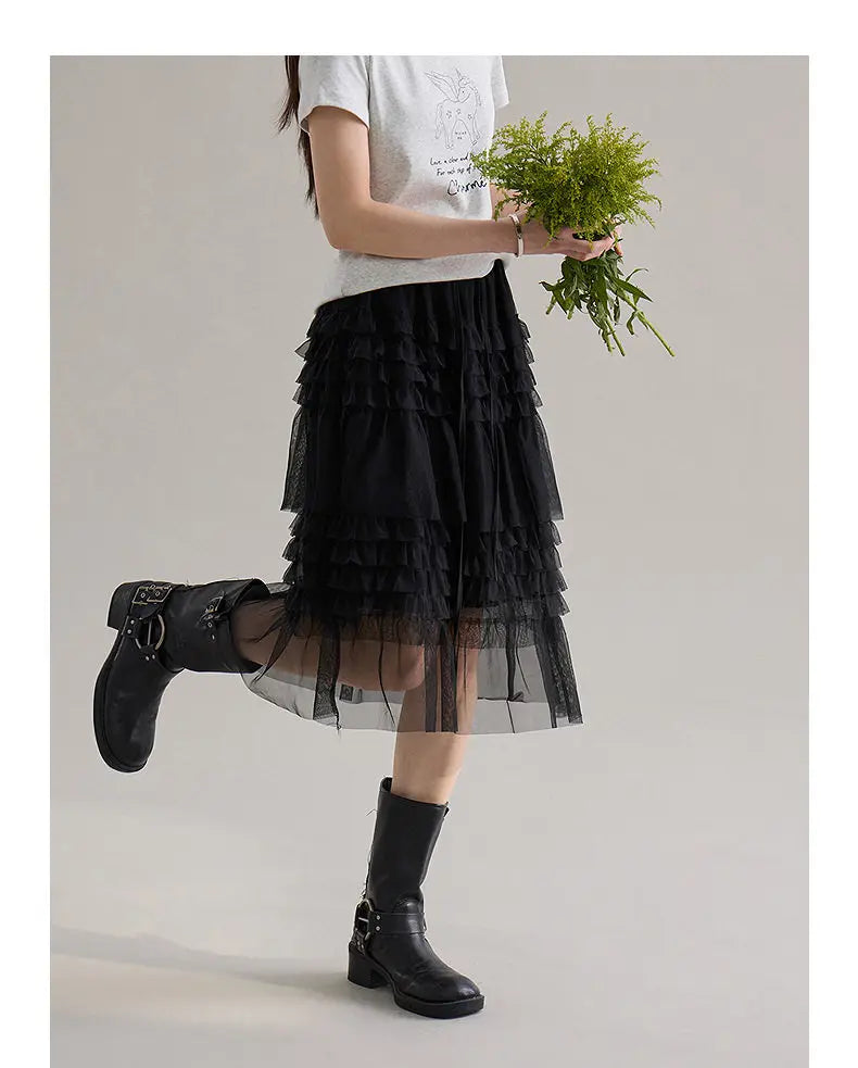 Korean Style Lace Elastic Waist Cake Skirt Mesh Puffy Skirt Women's Dress Knee Length Casual A-Line Skirt Micro Stretch No Slit