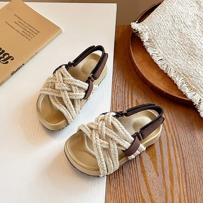 Children's Boho Braided Sandals Summer New Boys Girls Casual Shoes for Outdoor Daily Wear Open-toe Kids Platform Beach Sandals