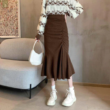 Lucyever Fashion High Waist Midi Skirts for Women 2025 Spring Slim Fit  Hip Mermaid Skirt Woman Korean Ruffles Brown Skirts 2XL