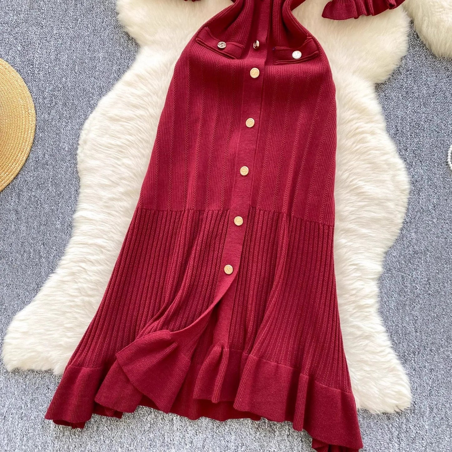 Fashion Vintage Knitted Long Dress Spring Summer Women Elegant V-neck Ruffled Bodycon Sweater Dress Party Vestido