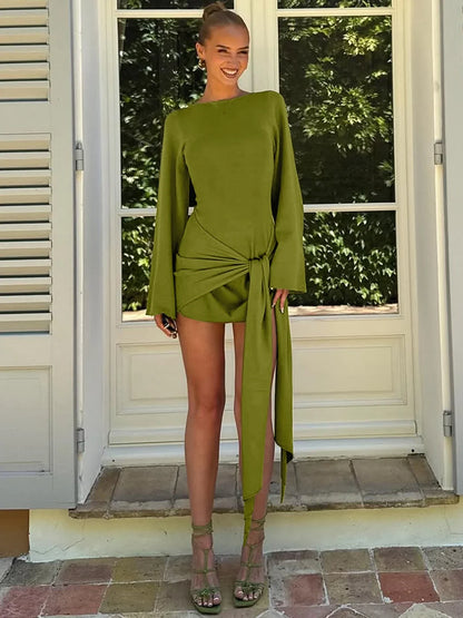 Autumn Fashion Elegant O-Neck Long Sleeve Slim Fit Lace Up Mini Dress Ladies Solid Casual Clothes Party Club Outfit