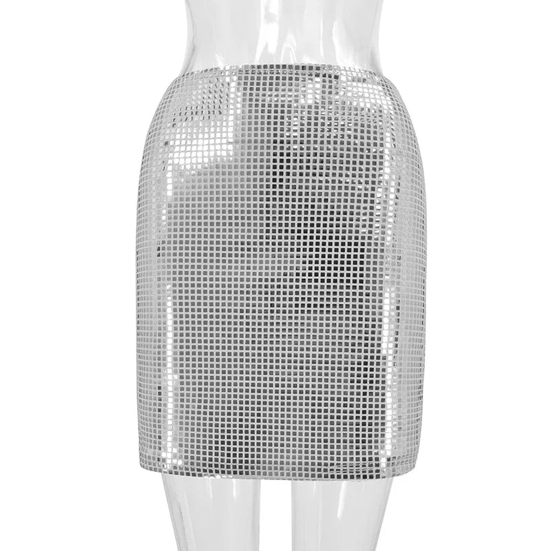 Summer Women Sequined Slim A-Line Skirt Ladies Wrap Hip Solid Sliver Mesh Skirt Female Casual Above-knee Sexy Fashion Skirts