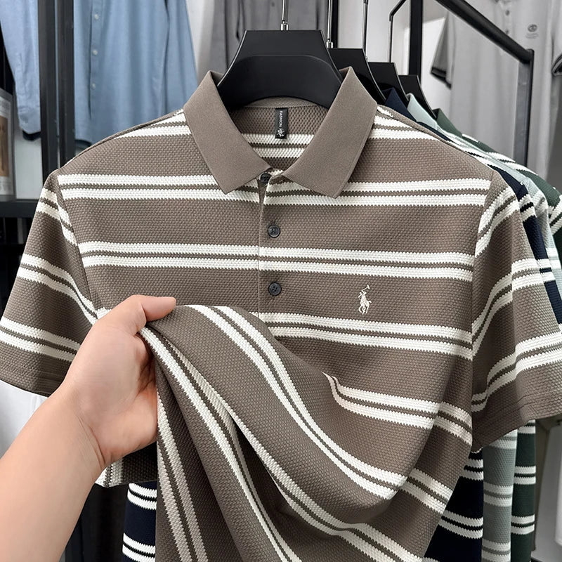 2026 New Men's Summer Short Sleeved Lapel Striped Polo Shirt, Business Casual Cool T-shirt