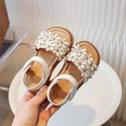 Little Girls Floral Bohemian Sandals with Beads Princess Sweet Kids Summer Shoes Open Toes Anti-skid Size 22-31Hook & Loop Cute