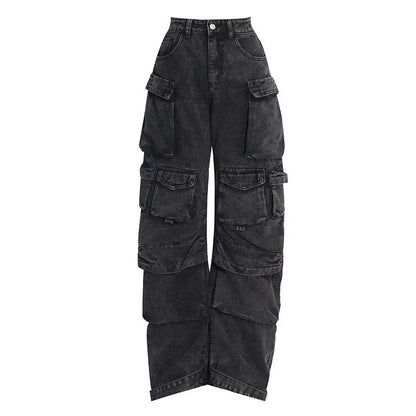 Jeans Feminino Moderno para Trabalho | Jeans Preto e Cinza de Rua com Vários Bolsos | Design Funcional Americano de Cintura Alta