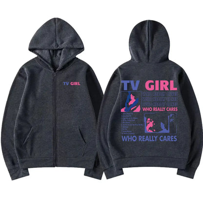 TV Girl Who Really Cares Graphic Print Zipper Hoodie Men Women Fashion Casual Oversized Zip Up Jacket Male Fleece Sweatshirts