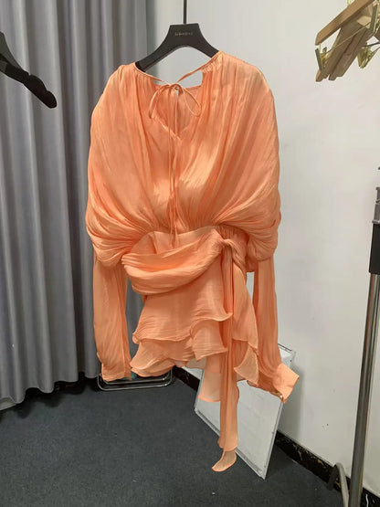 Solid Loose Splicd Lace Up Dresses For Women V Neck Long Sleeves Patchwork Ruffles Tunic Dreses Female Fashio New