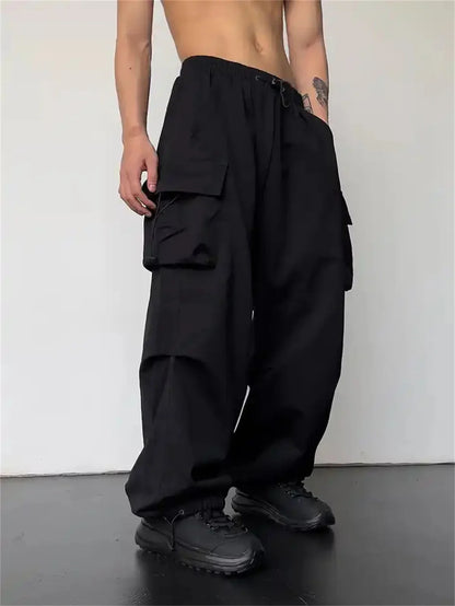 Black Men's Hip Hop Cargo Pants Casual Summer Solid Multiple Pockets Trousers Cool Ribbons Techwear Hip Hop Sweatpants Boys