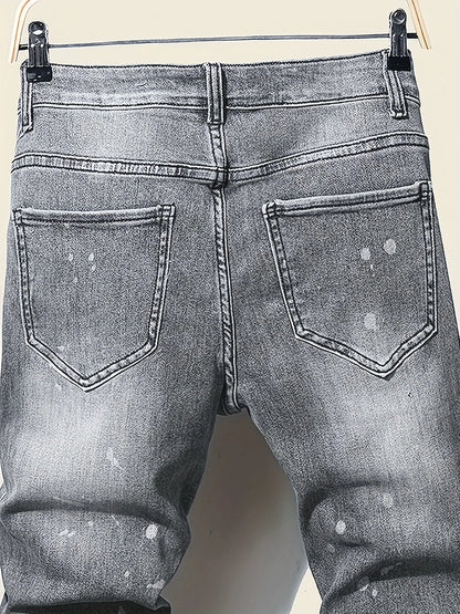 Men's slim fit ripped long denim pants, tight jeans with pockets, side straps, and zippers, men's jogging pants, ripped stretch