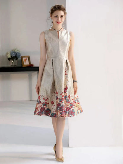 Luxury Women Fashion High Quality Jacquard A Line Ball Gown Sleeveless Summer Casual Clothing Midi Femme Party Dressses