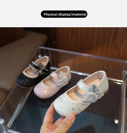 New Girls Princess Shoes Fashion Children's Bow Rhinestone Sequin Kids Shoes Baby Party Student Flat Performance Shoes