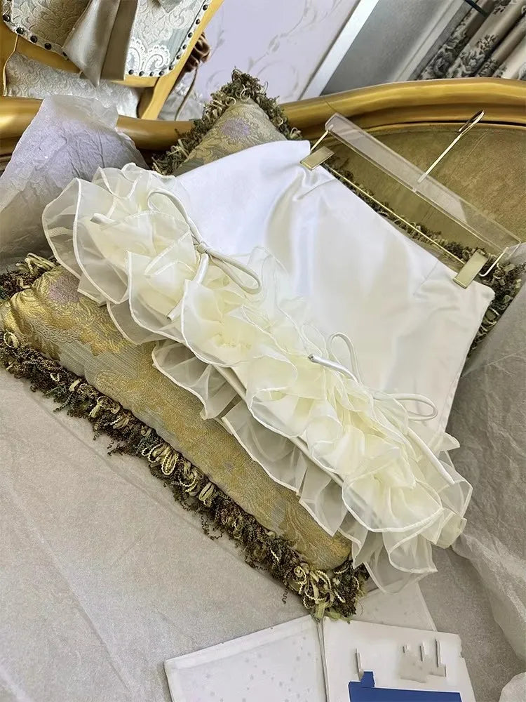 Females Summer Sweet Ruffle Edge Short Skirts French Style A-Line Party Stage Fashion Lace Shirring Above Knee Mini Skirt