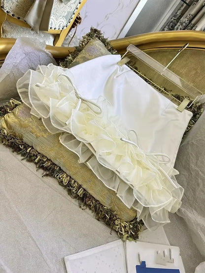 Females Summer Sweet Ruffle Edge Short Skirts French Style A-Line Party Stage Fashion Lace Shirring Above Knee Mini Skirt
