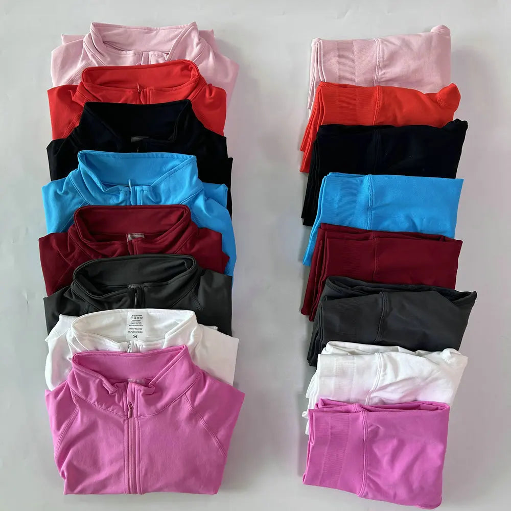 Women 2pcs Yoga Sets Long Sleeve Jacket Sport Top With Half Zip High Waisted Leggings Fitness Suits Seamless Running Workout Set