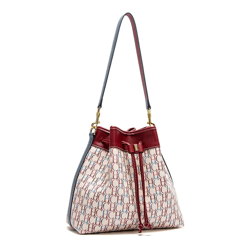Women's Bucket Bag Spring New Wine Red Drawstring Bag Dual purpose Shoulder Strap Commuter Wallet