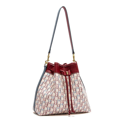 Women's Bucket Bag Spring New Wine Red Drawstring Bag Dual purpose Shoulder Strap Commuter Wallet