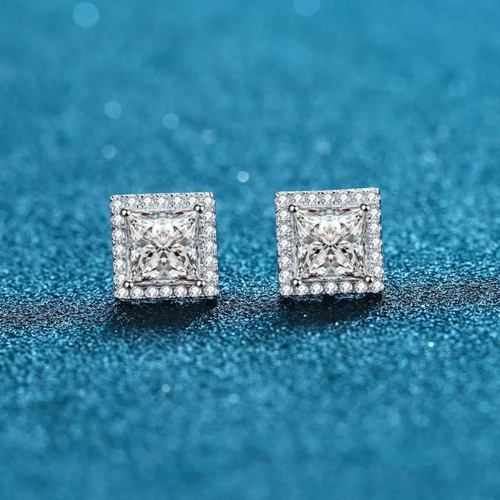 0.5/1/2carat Princess Cut Moissanite Halo Diamond Stud Earrings with Certificates 925 Sterling Silver Square Ear Studs for Women