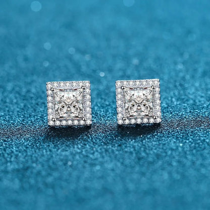0.5/1/2carat Princess Cut Moissanite Halo Diamond Stud Earrings with Certificates 925 Sterling Silver Square Ear Studs for Women