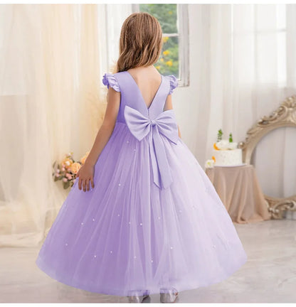 Summer Girl Flower Birthday Tulle Dress Backless Bow Wedding Gown Piano Kids Party Wear Princess Dress Baby Girl Bowknot Dresses