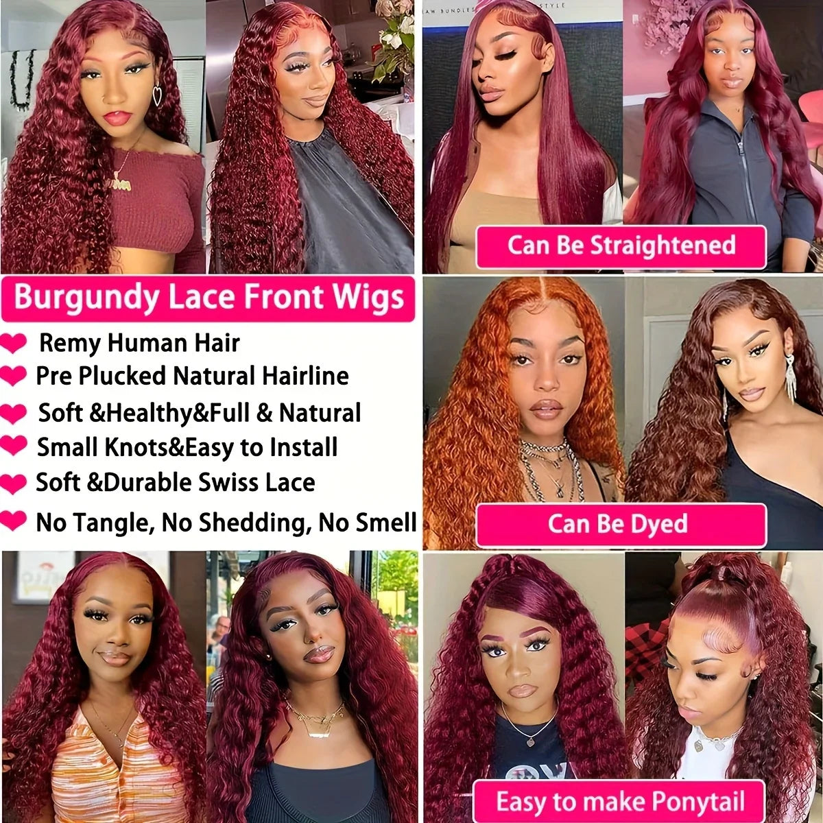 13x6 99j Burgundy Lace Front Wigs Human Hair Deep Wave 250 Density Transparent Frontal Wigs Pre Plucked Red Curly Wigs for Women