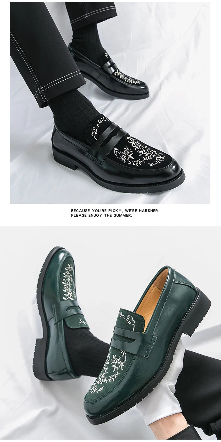 Green Embroidered Man Formal Shoes Autumn Men's Loafers Shoes High Quality Casual Leather Shoes for Men chaussure hommes cuir