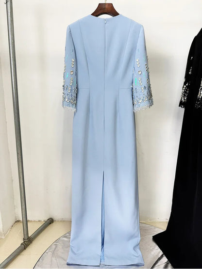 Fashion 2026 S/S Designer Vestido Women's Half Sleeve Stunning Beaded  Long Maxi Dress