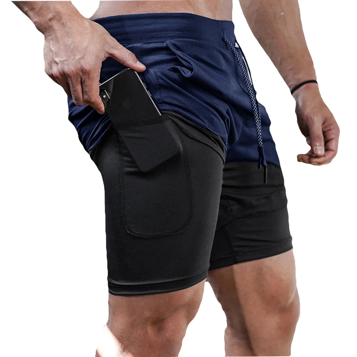Men's Double Layer Fitness Shorts Drawstring Mesh Lining Elastic Waist Breathable Quick Dry to Beach Pool Summer Male