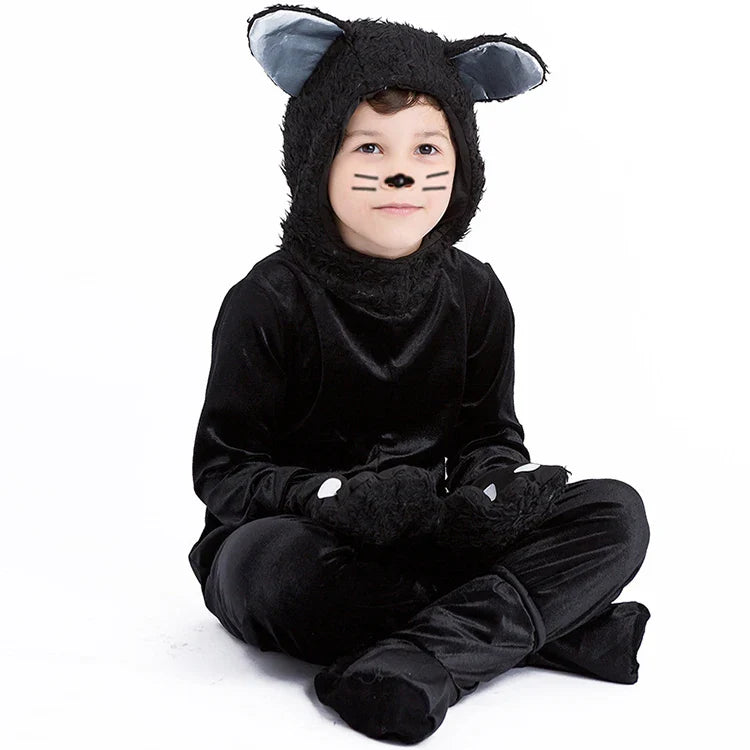 Black Cat Cosplay Children's Costume Cute Kitten Animal Onesie + Gloves + Hat Suit Suitable for Stage Show Halloween Party