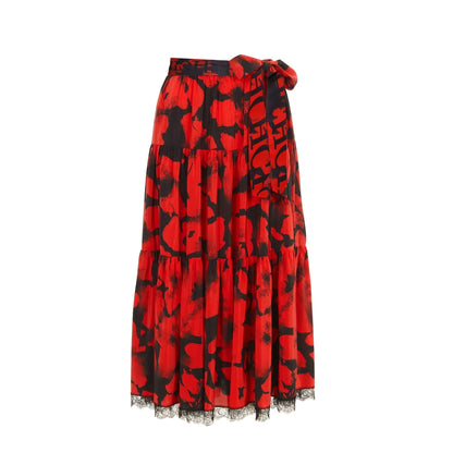Women's Half length Skirt Summer Retro Red Printed Irregular Long Skirt Fashion Commuter Cake Skirt
