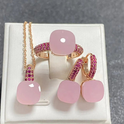 Conjunto de Joias Femininas 3 Peças - Anel, Brincos e Colar Banhados a Ouro Rosé com Zircônia Roxa Incrustada