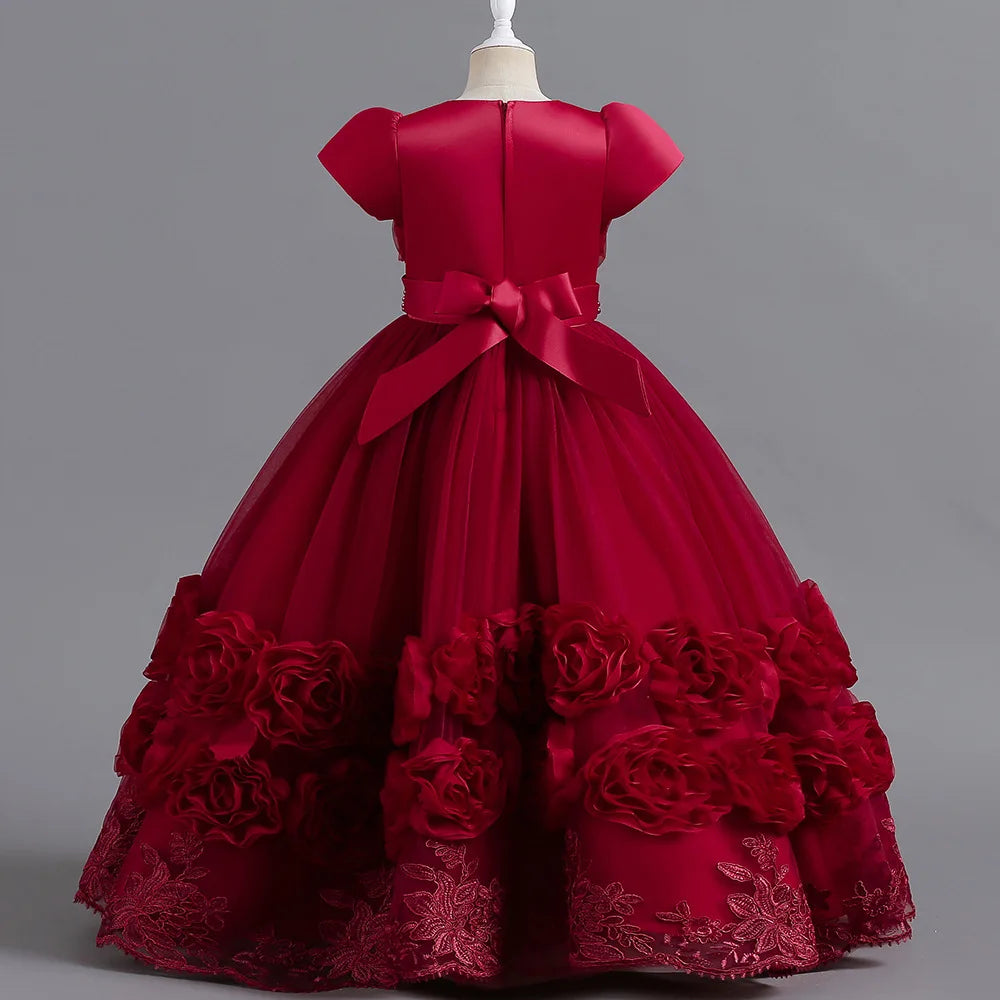 Summer Flower Bridemaids Party Girl Dresses Elegant Wedding Birthday Princess Prom Dress for Girls Bow Evening Christmas Costume
