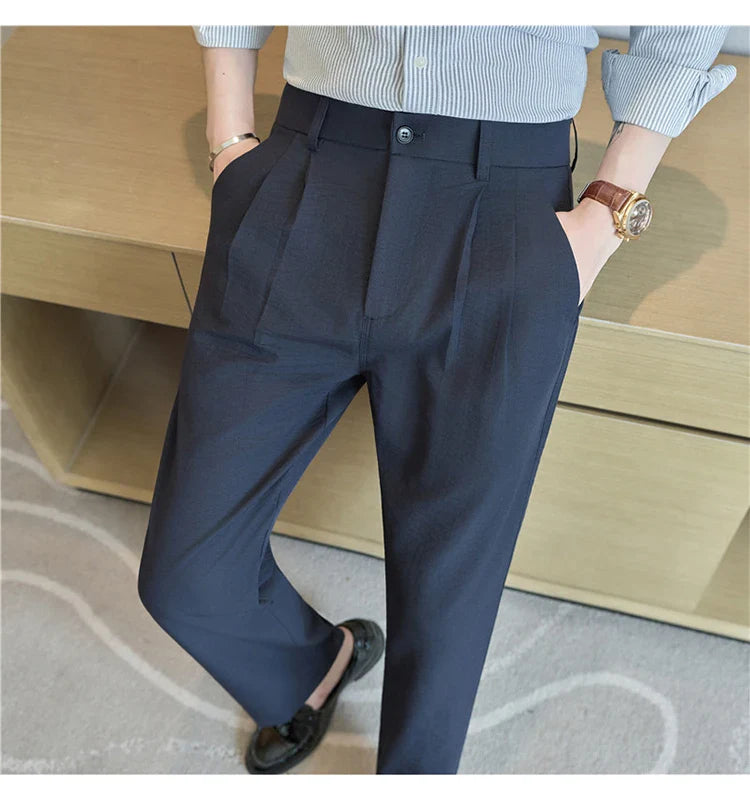 Men's Old Money Style Linen-Cotton Pleated Dress Pants – Lightweight, Semi-Elastic Waist & Wrinkle-Free for Summer