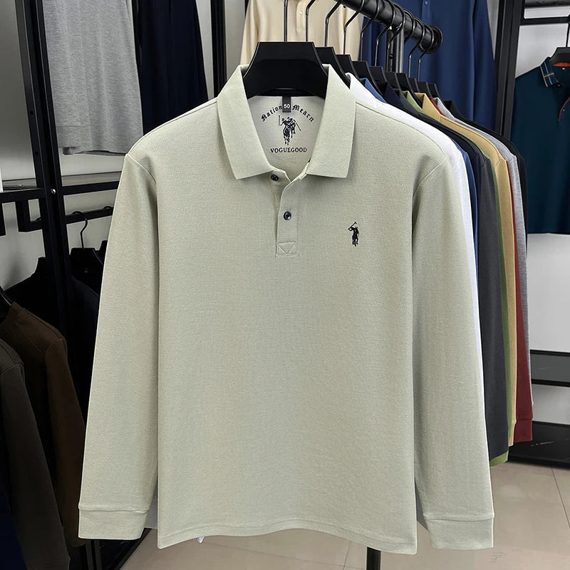2025 New Cotton Long Sleeved T-shirt for Men, High End Embroidered Little Horse Logo Fashion Autumn/Winter Polo Top